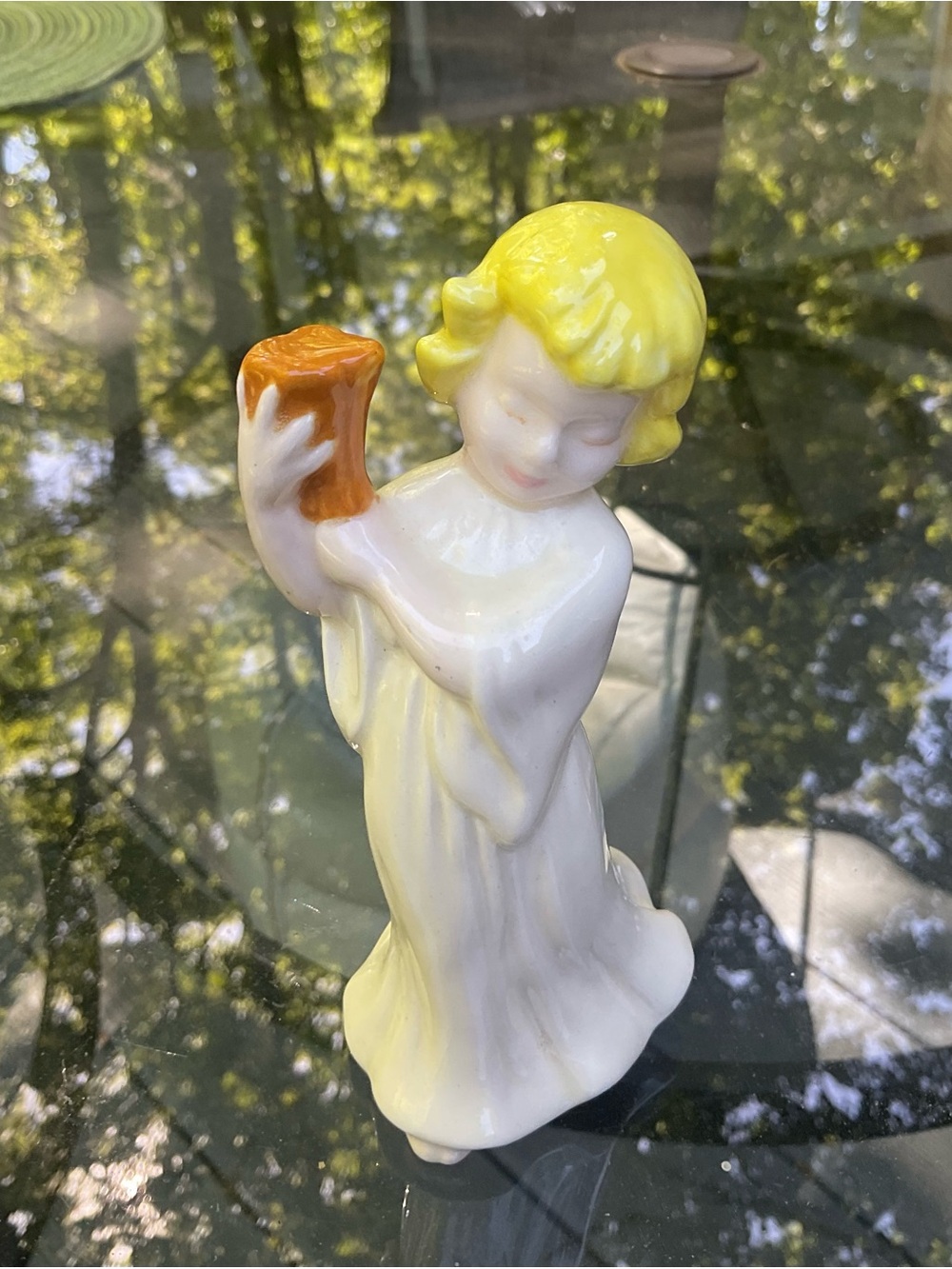 Vintage Porcelain Figurine of Blonde Girl Holding Vase - White and Yellow